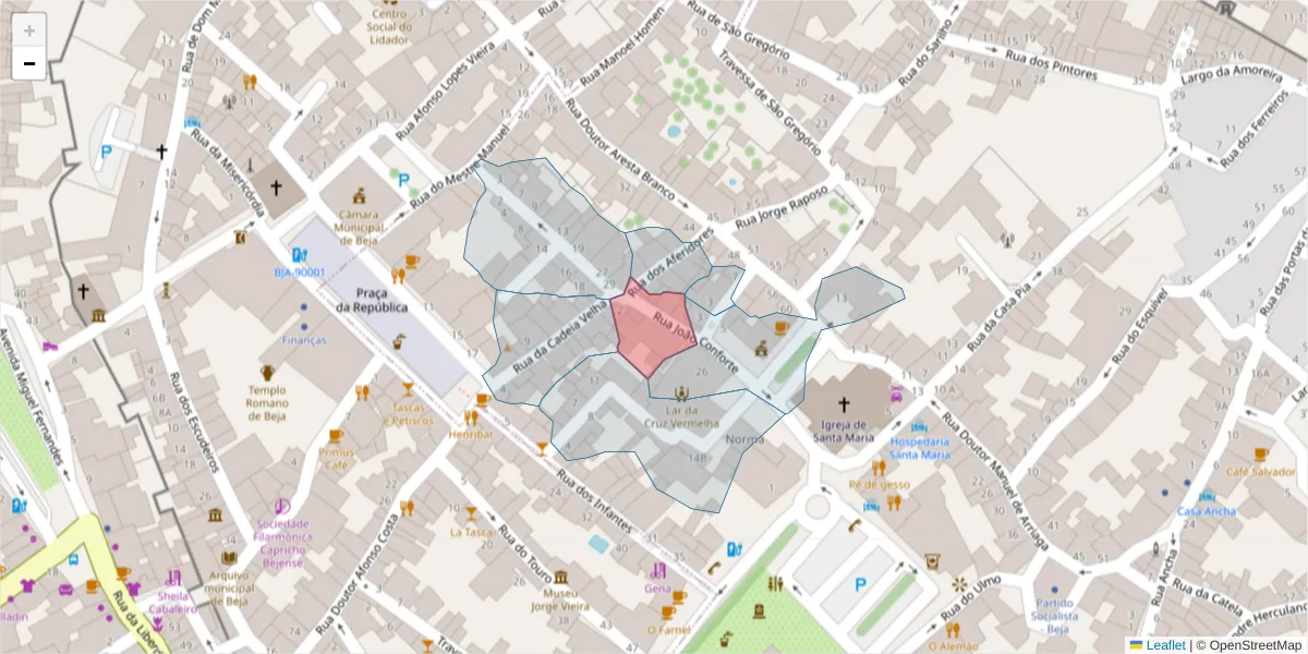 Mapa detalhado do código postal 7800-184 com limites, códigos postais vizinhos e agências dos correios