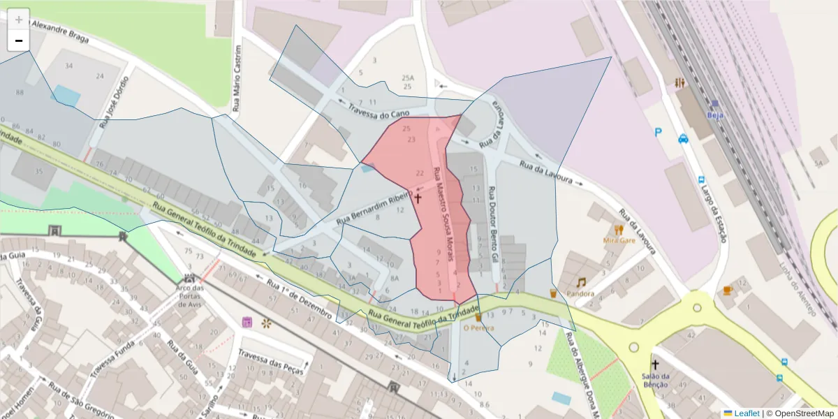 Mapa detalhado do código postal 7800-189 com limites, códigos postais vizinhos e agências dos correios