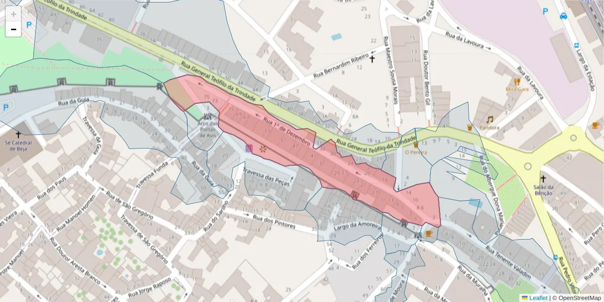 Mapa detalhado do código postal 7800-190 com limites, códigos postais vizinhos e agências dos correios