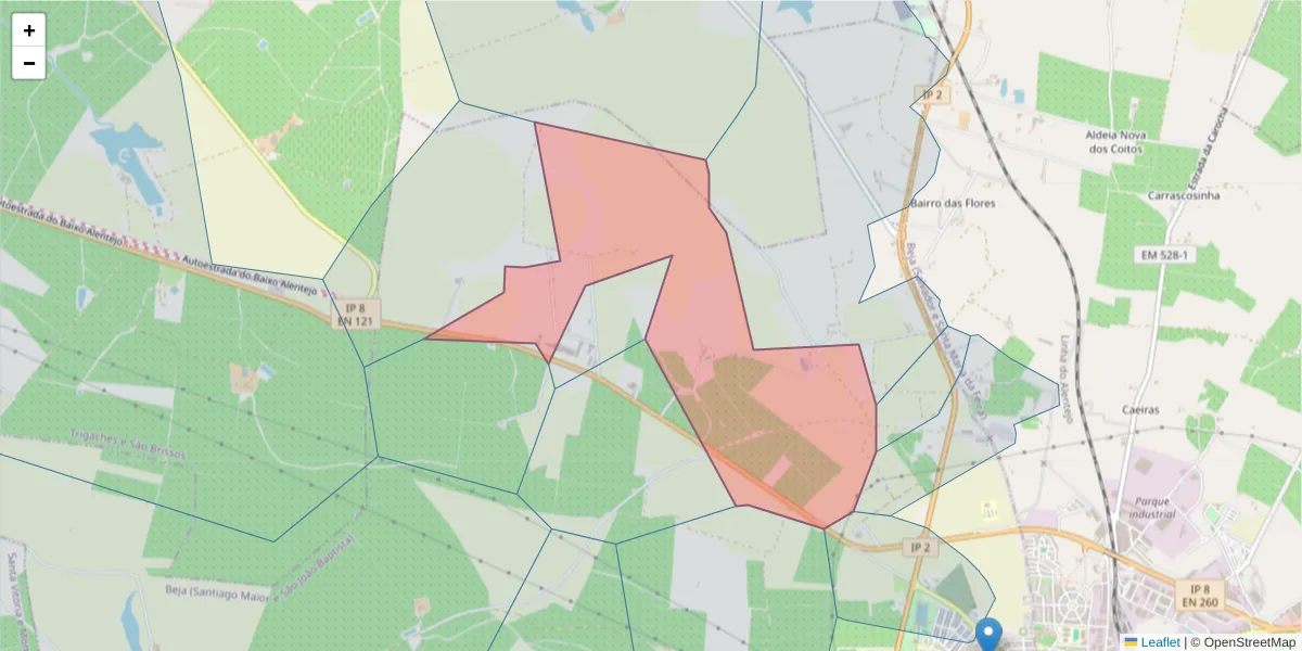 Mapa detalhado do código postal 7800-249 com limites, códigos postais vizinhos e agências dos correios
