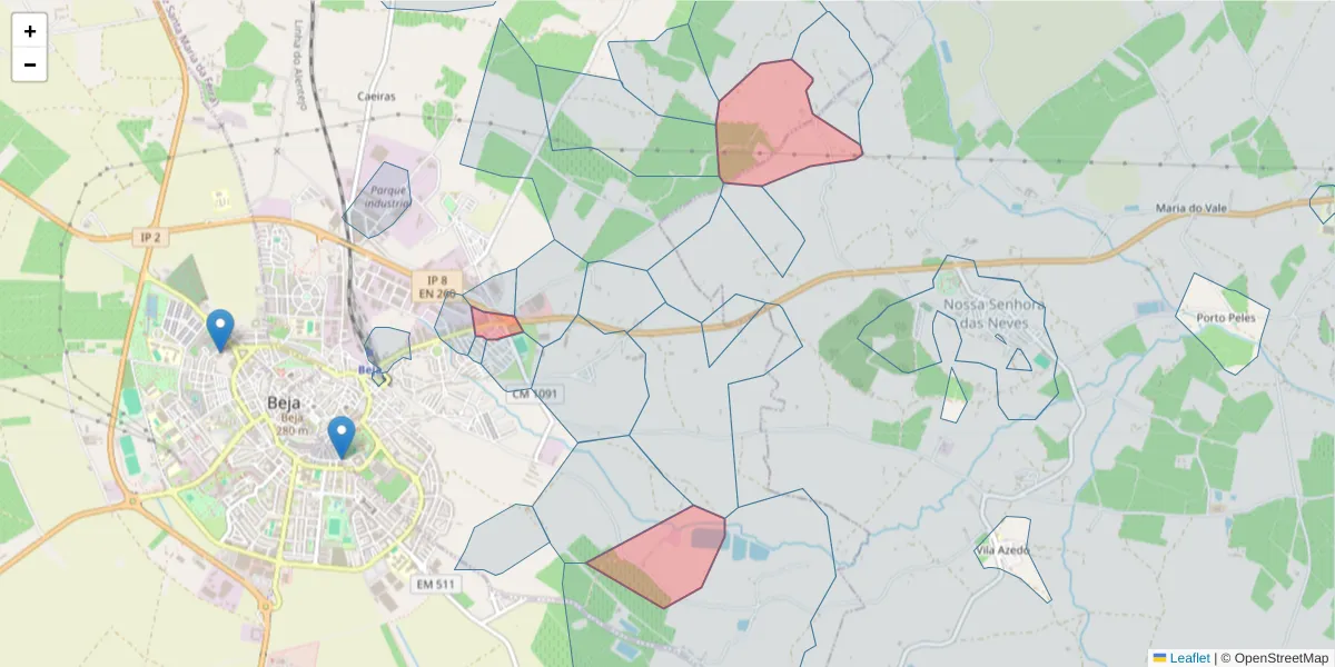 Mapa detalhado do código postal 7800-260 com limites, códigos postais vizinhos e agências dos correios