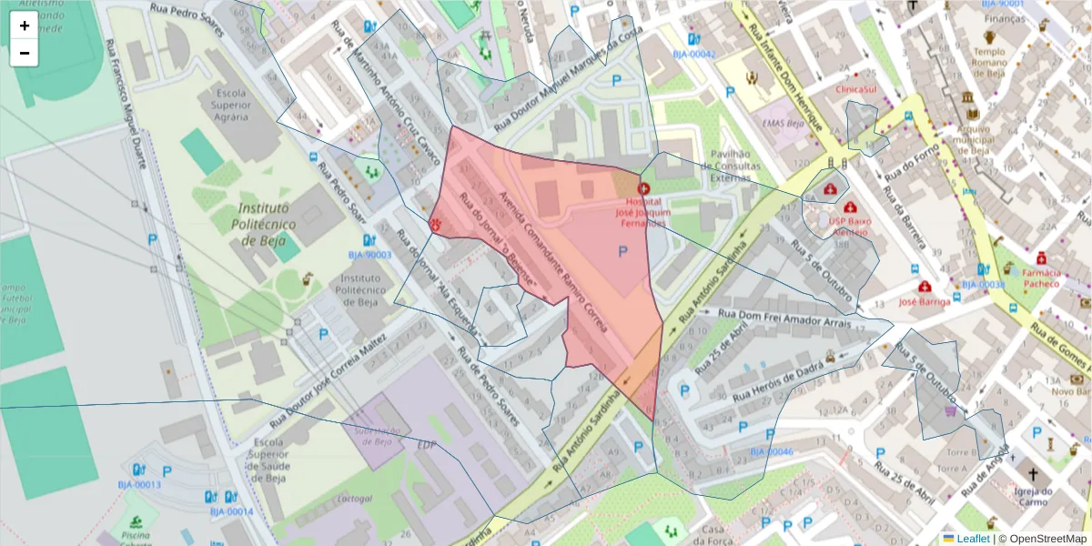 Mapa detalhado do código postal 7800-261 com limites, códigos postais vizinhos e agências dos correios