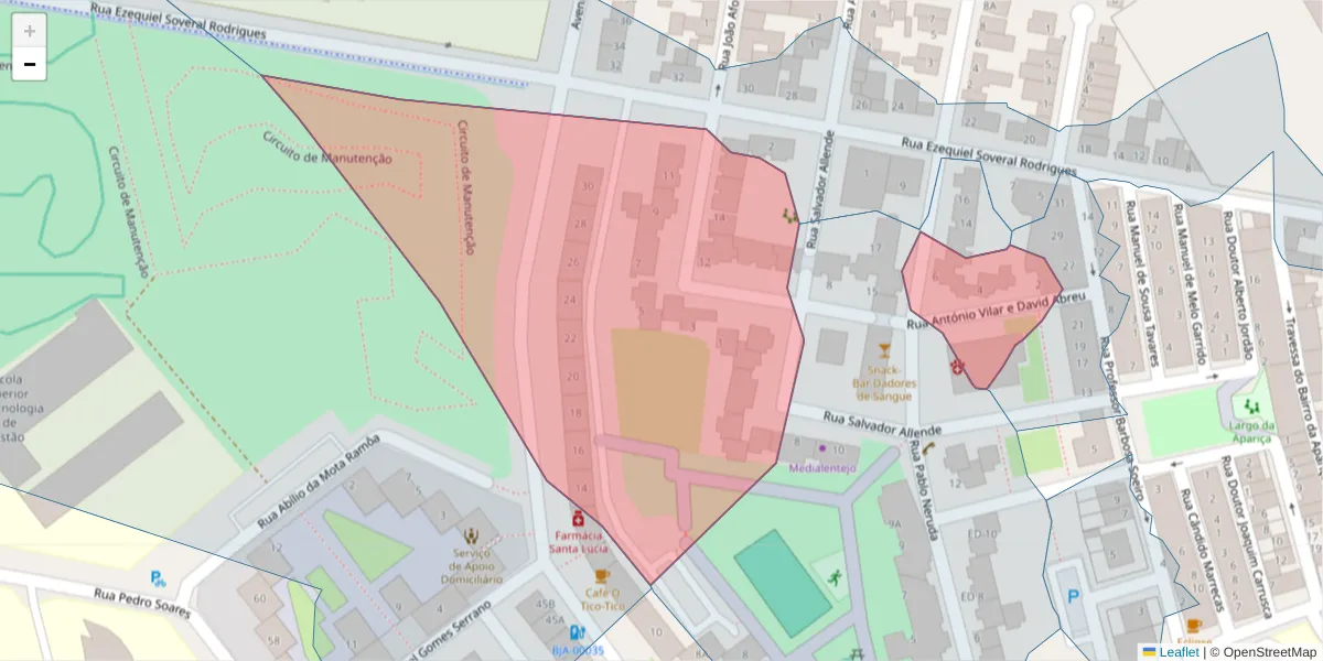 Mapa detalhado do código postal 7800-279 com limites, códigos postais vizinhos e agências dos correios