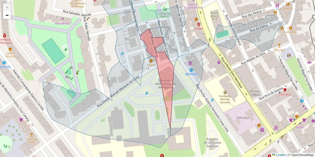 Mapa detalhado do código postal 7800-281 com limites, códigos postais vizinhos e agências dos correios