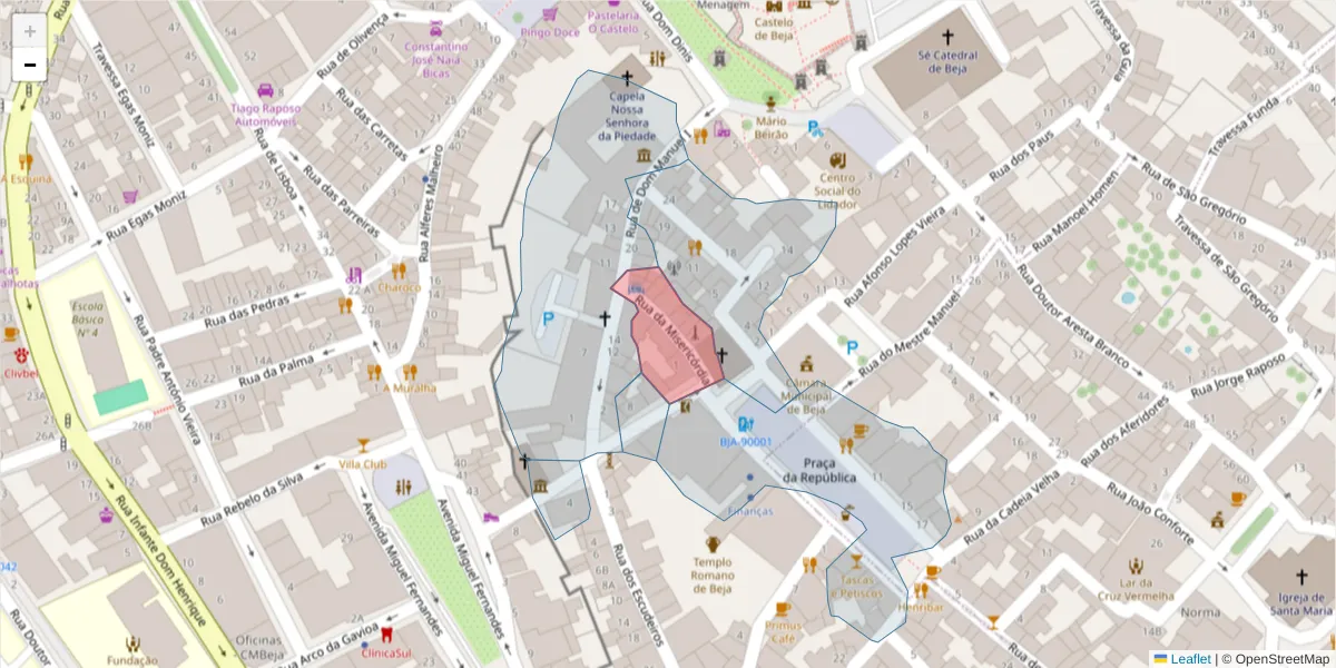 Mapa detalhado do código postal 7800-285 com limites, códigos postais vizinhos e agências dos correios