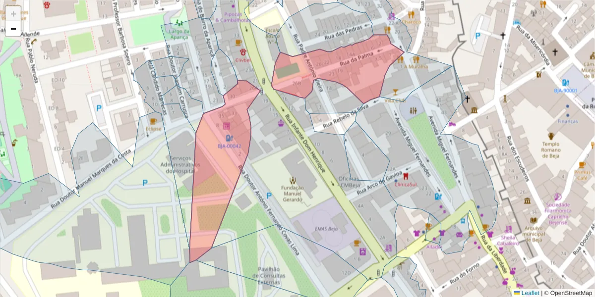 Mapa detalhado do código postal 7800-286 com limites, códigos postais vizinhos e agências dos correios