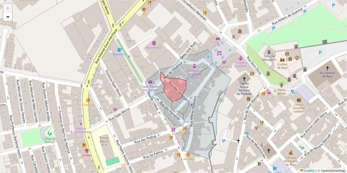 Mapa detalhado do código postal 7800-288 com limites, códigos postais vizinhos e agências dos correios