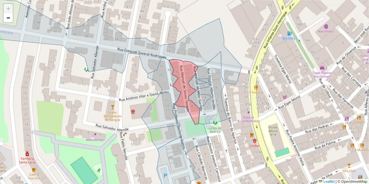 Mapa detalhado do código postal 7800-293 com limites, códigos postais vizinhos e agências dos correios