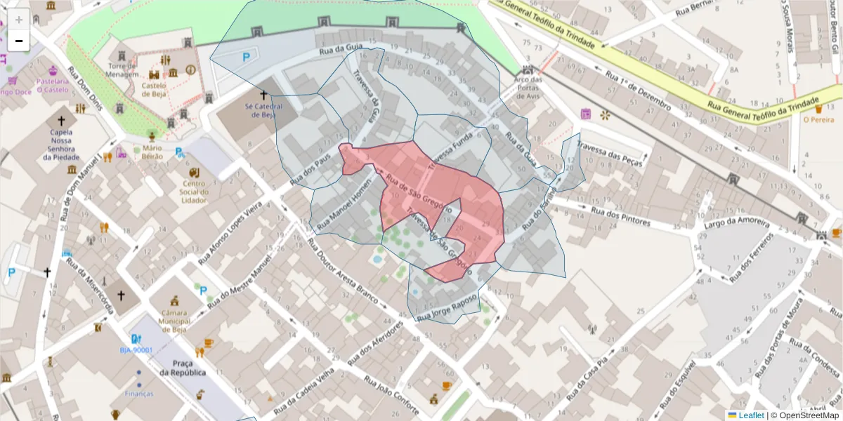 Mapa detalhado do código postal 7800-297 com limites, códigos postais vizinhos e agências dos correios
