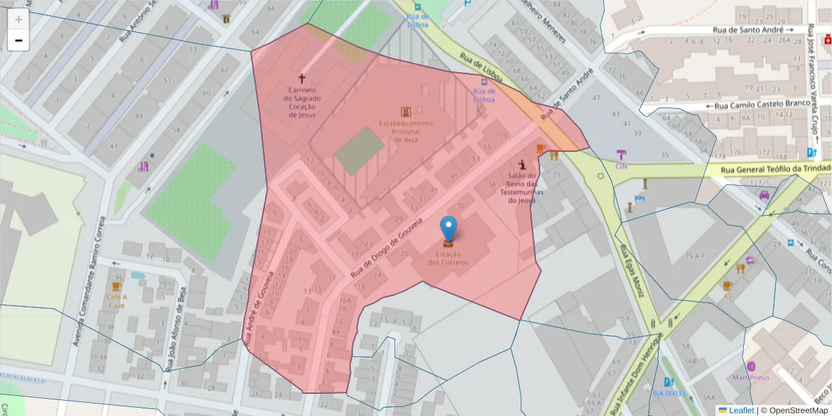Mapa detalhado do código postal 7800-299 com limites, códigos postais vizinhos e agências dos correios