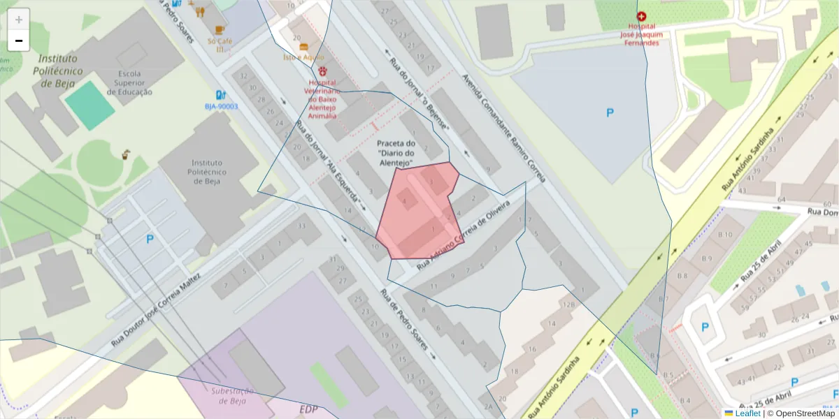 Mapa detalhado do código postal 7800-303 com limites, códigos postais vizinhos e agências dos correios