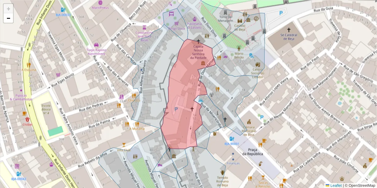 Mapa detalhado do código postal 7800-306 com limites, códigos postais vizinhos e agências dos correios