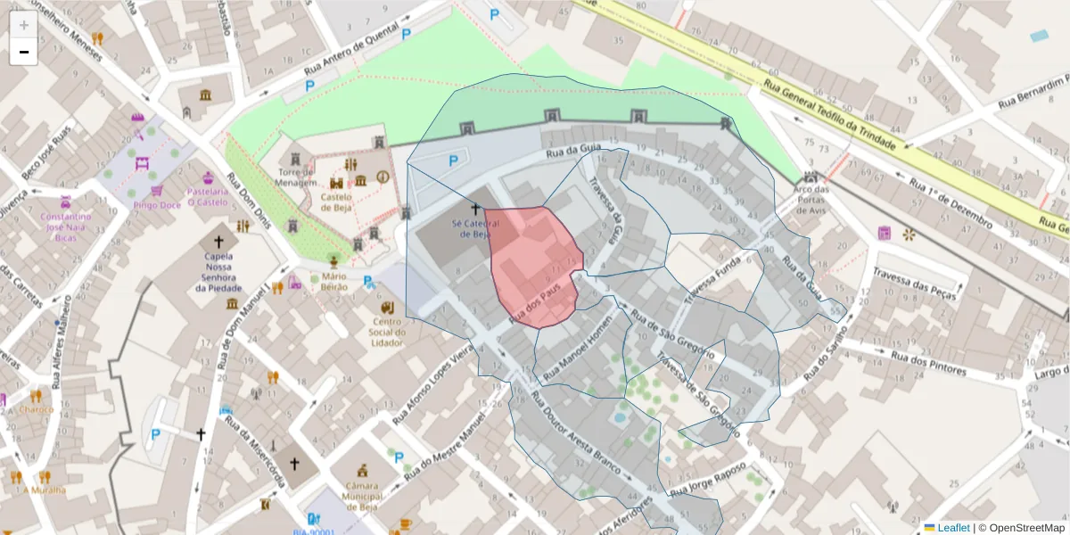 Mapa detalhado do código postal 7800-307 com limites, códigos postais vizinhos e agências dos correios