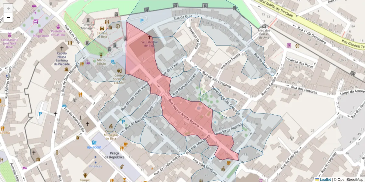 Mapa detalhado do código postal 7800-310 com limites, códigos postais vizinhos e agências dos correios