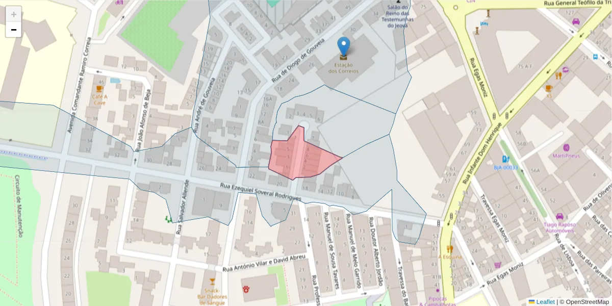 Mapa detalhado do código postal 7800-315 com limites, códigos postais vizinhos e agências dos correios