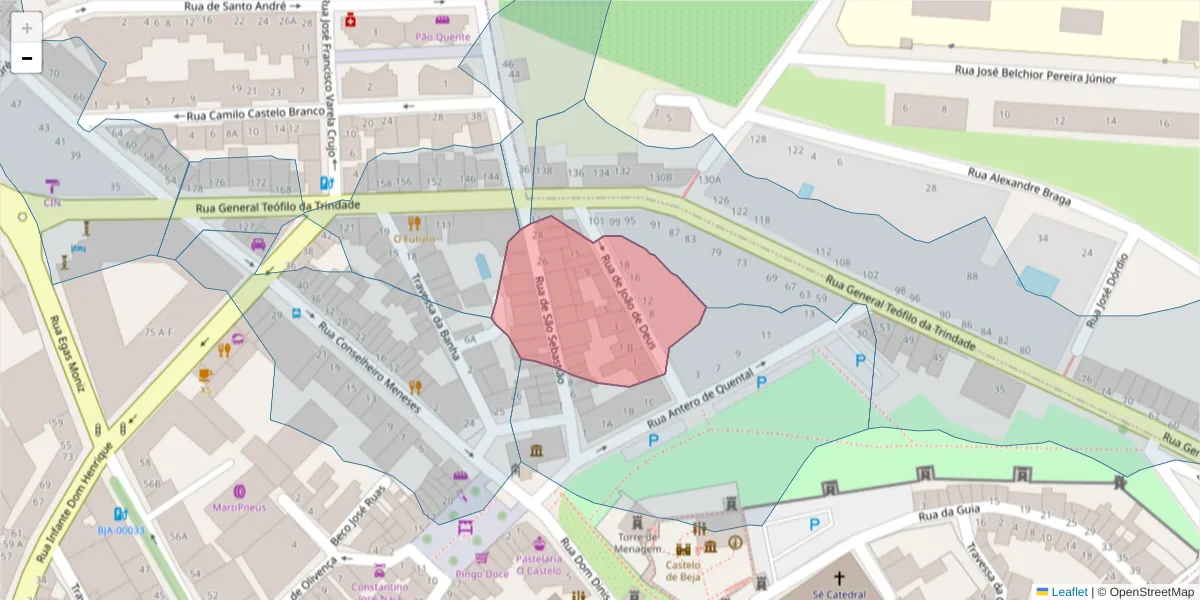 Mapa detalhado do código postal 7800-320 com limites, códigos postais vizinhos e agências dos correios