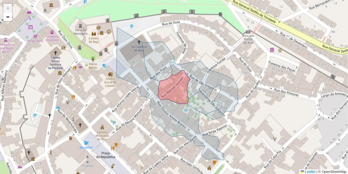 Mapa detalhado do código postal 7800-325 com limites, códigos postais vizinhos e agências dos correios
