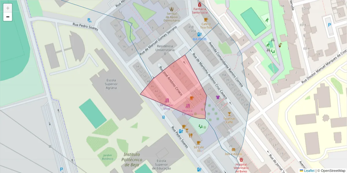 Mapa detalhado do código postal 7800-385 com limites, códigos postais vizinhos e agências dos correios