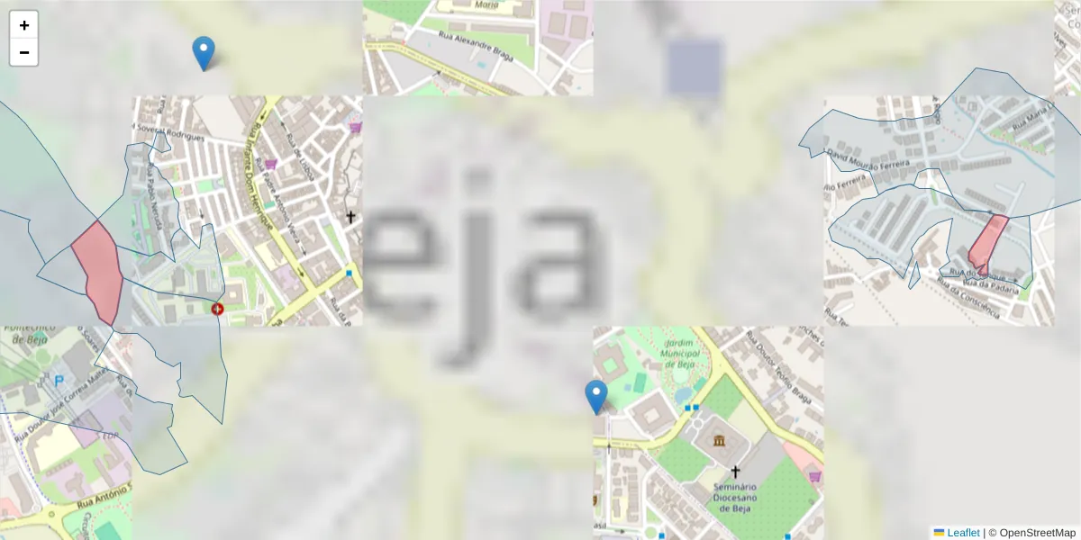 Mapa detalhado do código postal 7800-390 com limites, códigos postais vizinhos e agências dos correios