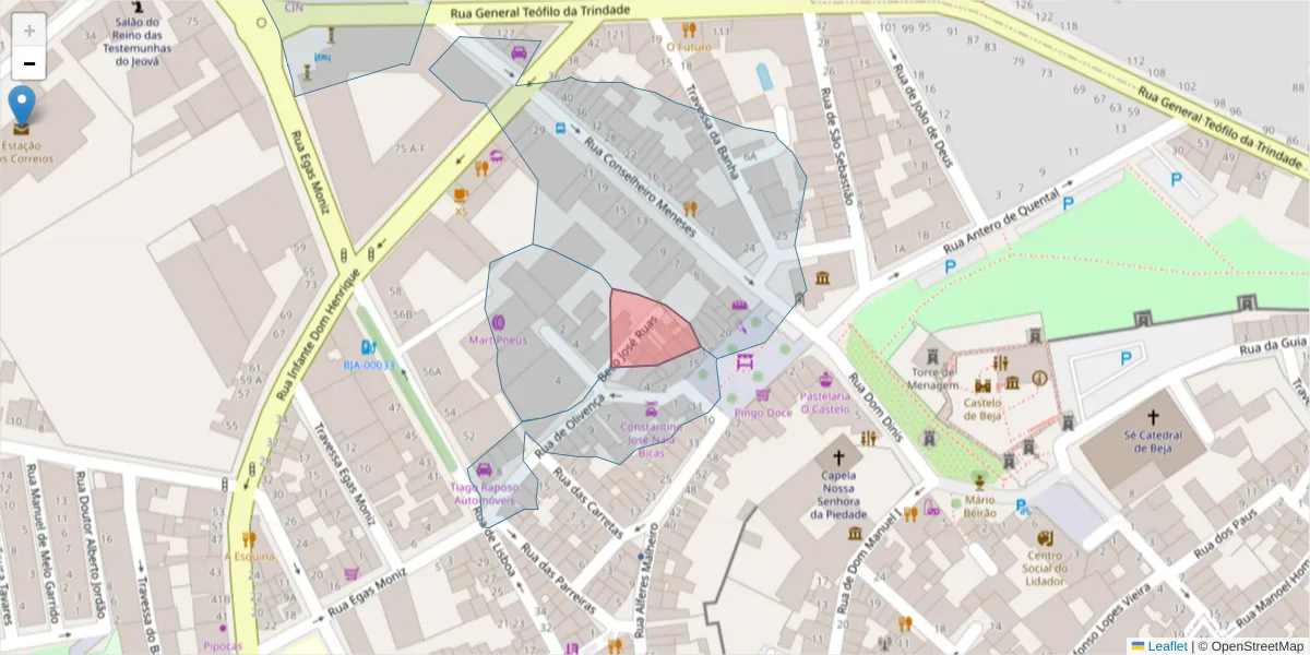 Mapa detalhado do código postal 7800-409 com limites, códigos postais vizinhos e agências dos correios