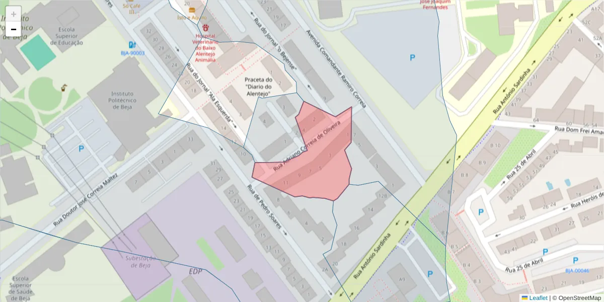 Mapa detalhado do código postal 7800-441 com limites, códigos postais vizinhos e agências dos correios