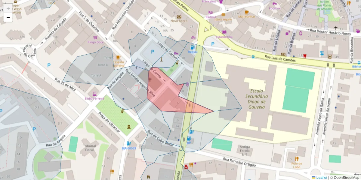 Mapa detalhado do código postal 7800-500 com limites, códigos postais vizinhos e agências dos correios