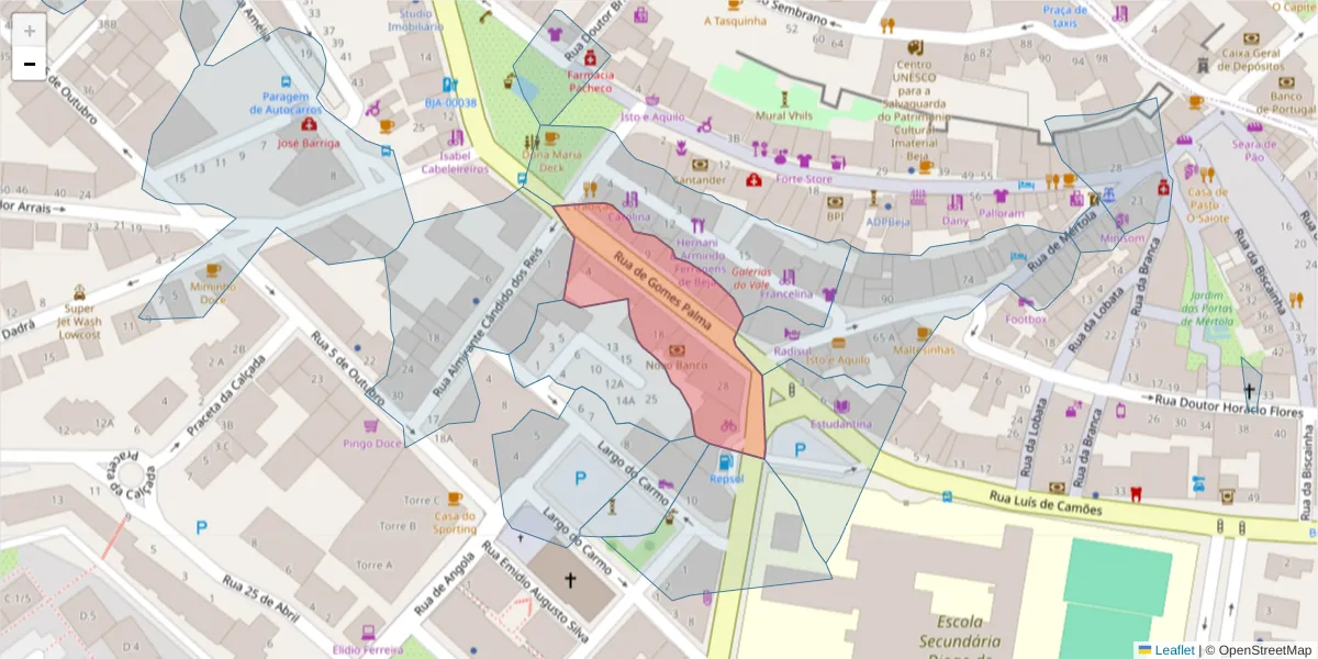 Mapa detalhado do código postal 7800-505 com limites, códigos postais vizinhos e agências dos correios