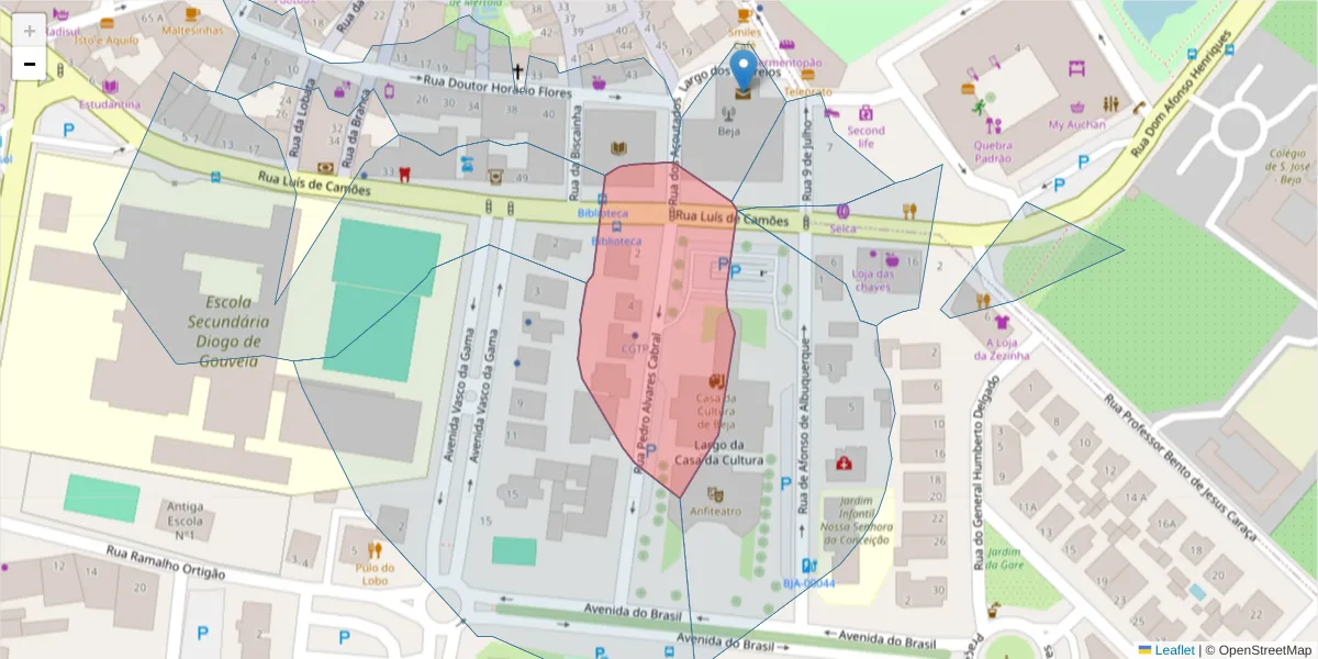 Mapa detalhado do código postal 7800-509 com limites, códigos postais vizinhos e agências dos correios