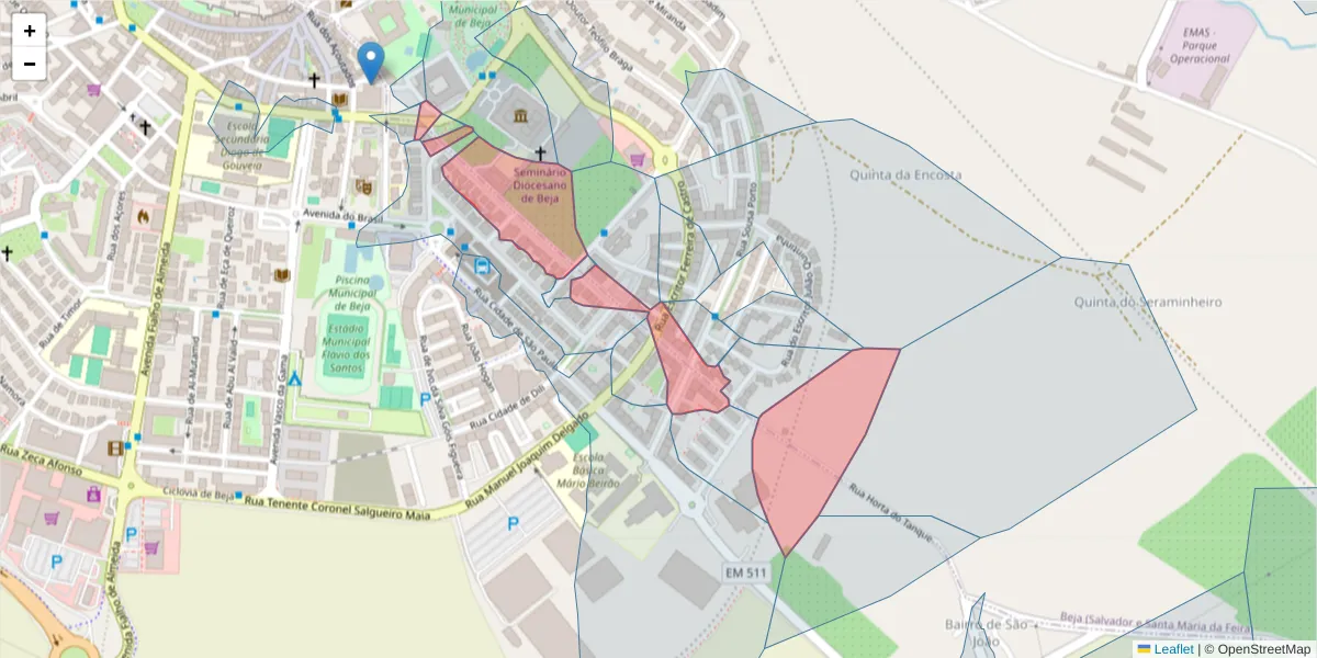 Mapa detalhado do código postal 7800-511 com limites, códigos postais vizinhos e agências dos correios