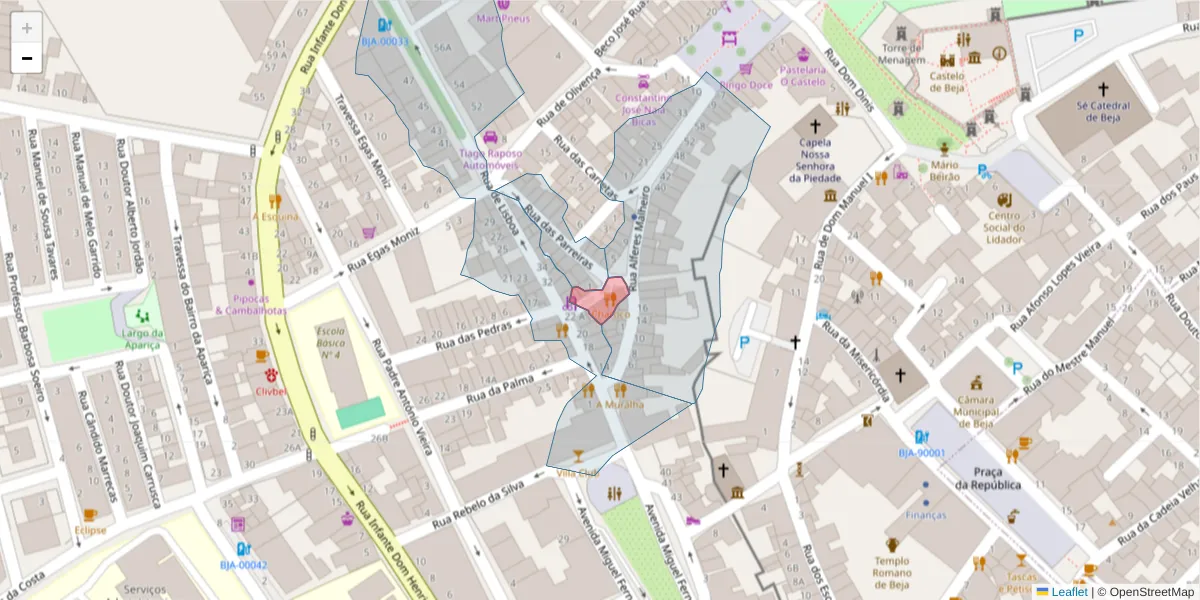 Mapa detalhado do código postal 7800-525 com limites, códigos postais vizinhos e agências dos correios