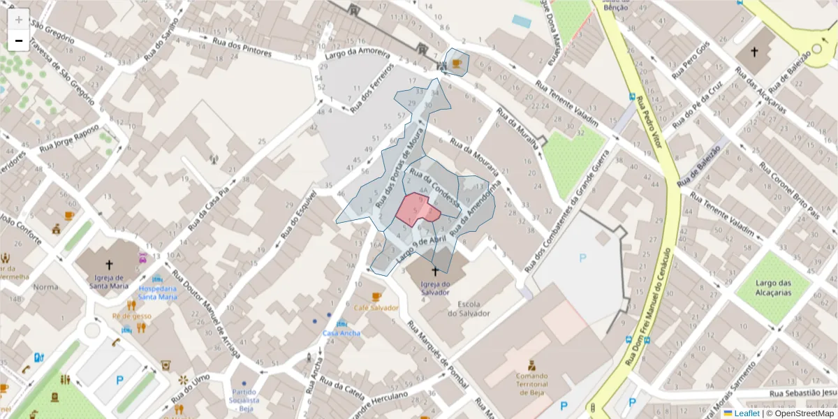 Mapa detalhado do código postal 7800-527 com limites, códigos postais vizinhos e agências dos correios