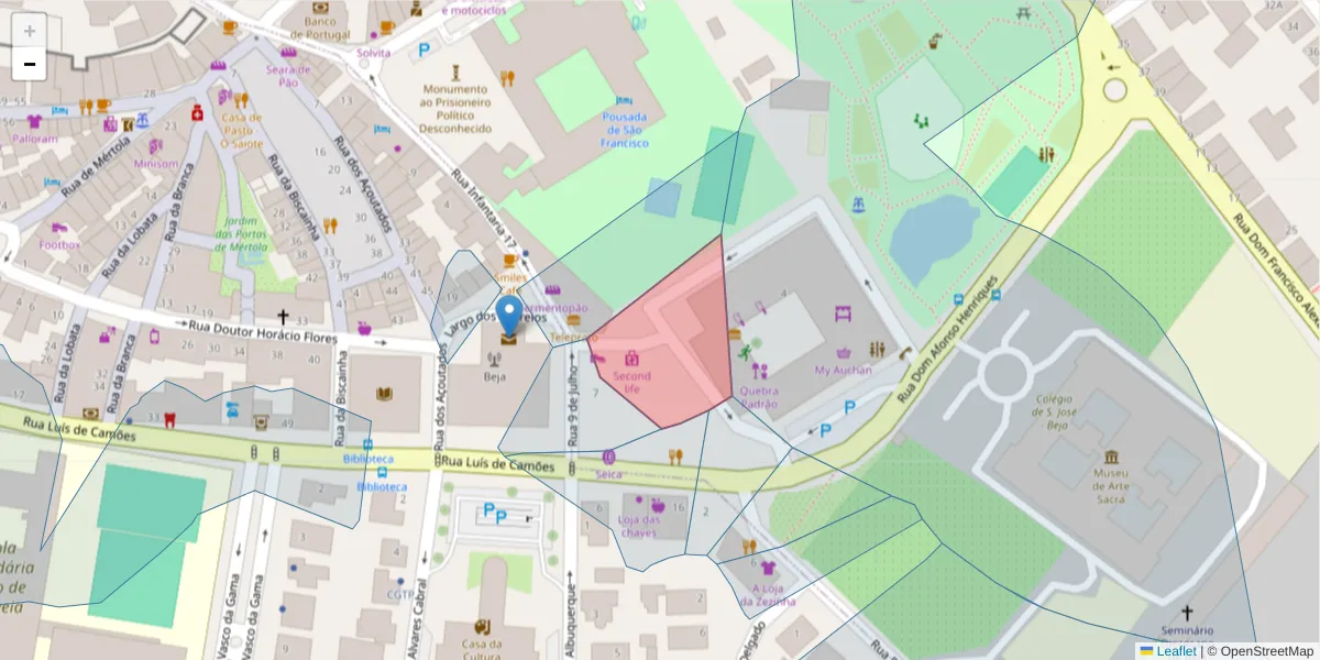 Mapa detalhado do código postal 7800-542 com limites, códigos postais vizinhos e agências dos correios