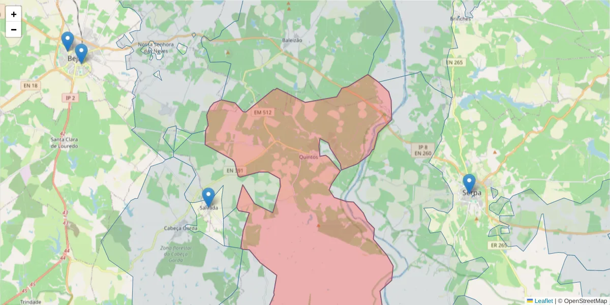 Mapa detalhado do código postal 7800-661 com limites, códigos postais vizinhos e agências dos correios
