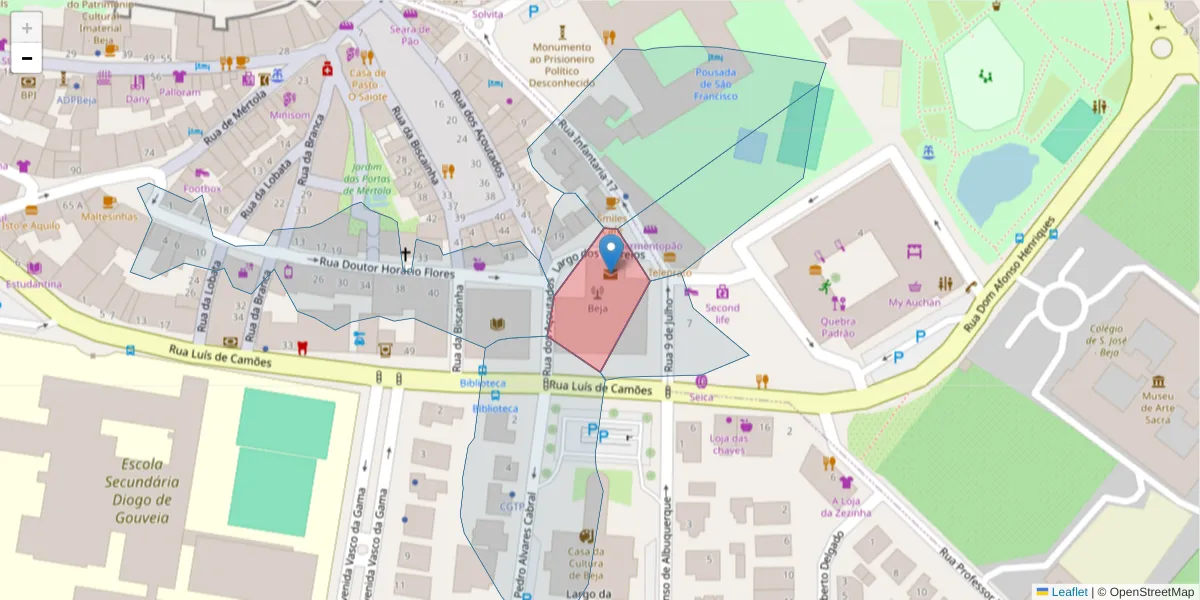 Mapa detalhado do código postal 7800-999 com limites, códigos postais vizinhos e agências dos correios