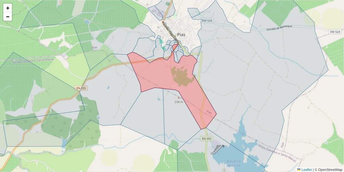 Mapa detalhado do código postal 7830-270 com limites, códigos postais vizinhos e agências dos correios