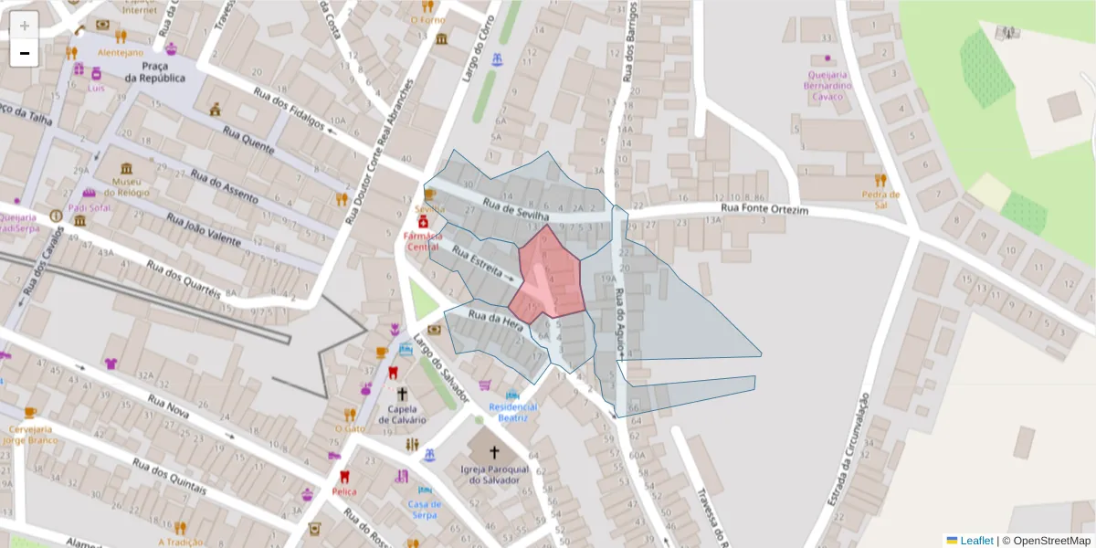 Mapa detalhado do código postal 7830-377 com limites, códigos postais vizinhos e agências dos correios