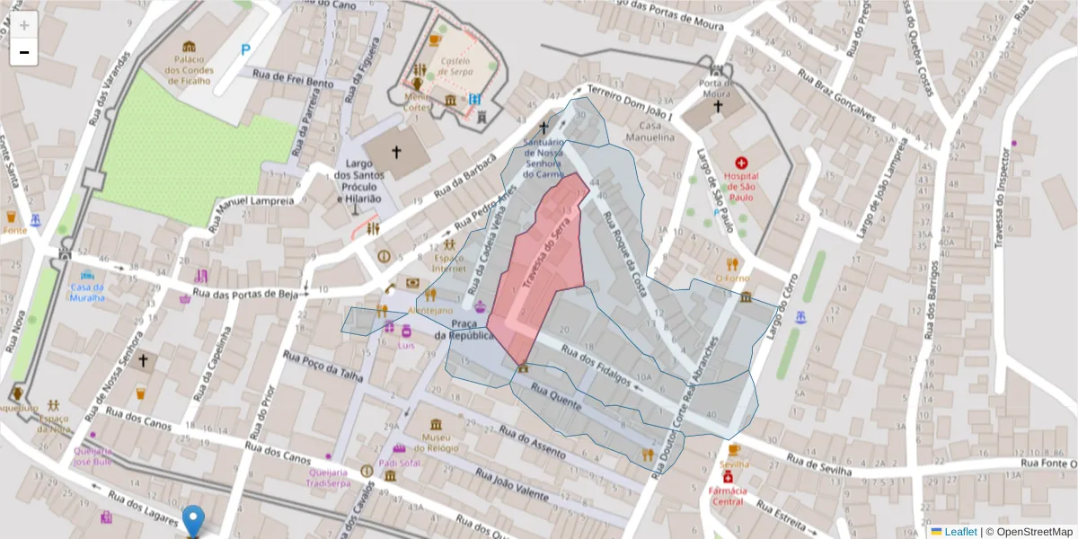 Mapa detalhado do código postal 7830-445 com limites, códigos postais vizinhos e agências dos correios