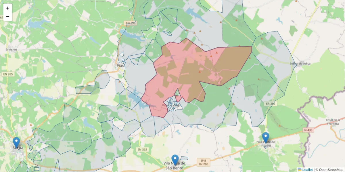 Mapa detalhado do código postal 7830-533 com limites, códigos postais vizinhos e agências dos correios