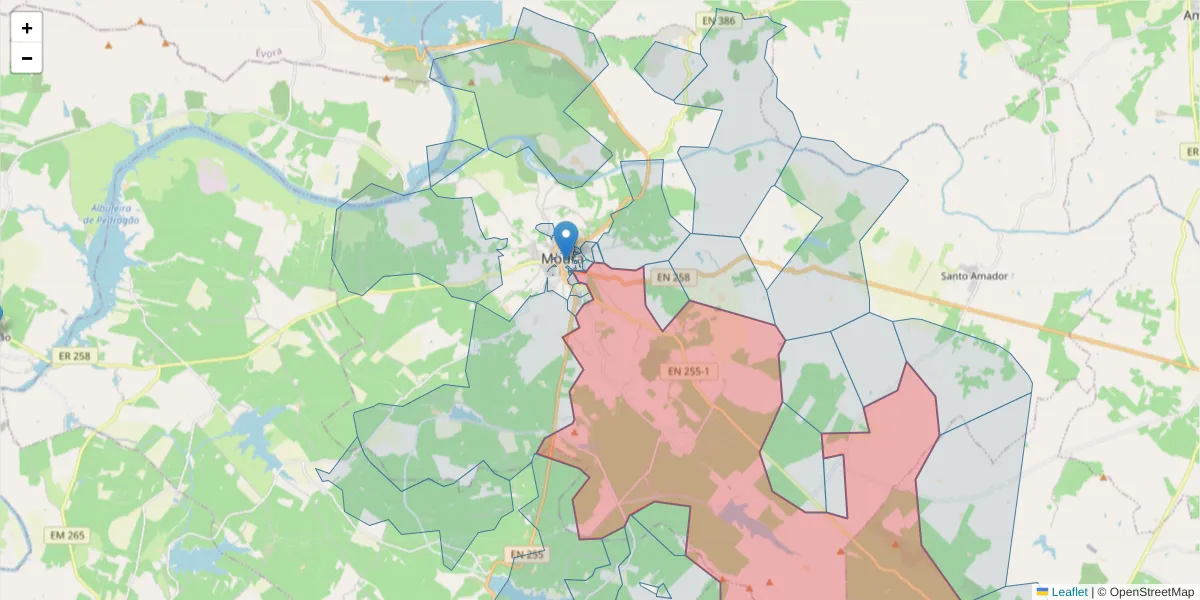 Mapa detalhado do código postal 7860-001 com limites, códigos postais vizinhos e agências dos correios
