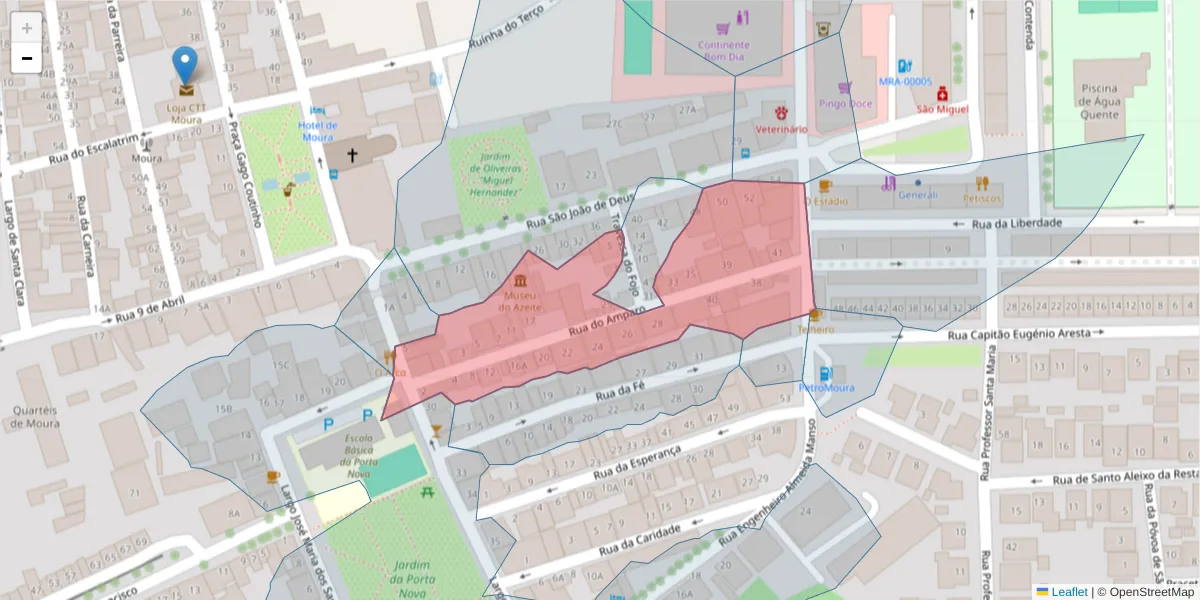 Mapa detalhado do código postal 7860-044 com limites, códigos postais vizinhos e agências dos correios