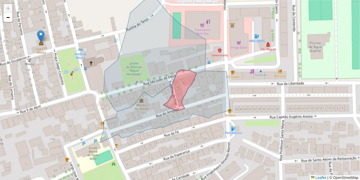 Mapa detalhado do código postal 7860-073 com limites, códigos postais vizinhos e agências dos correios