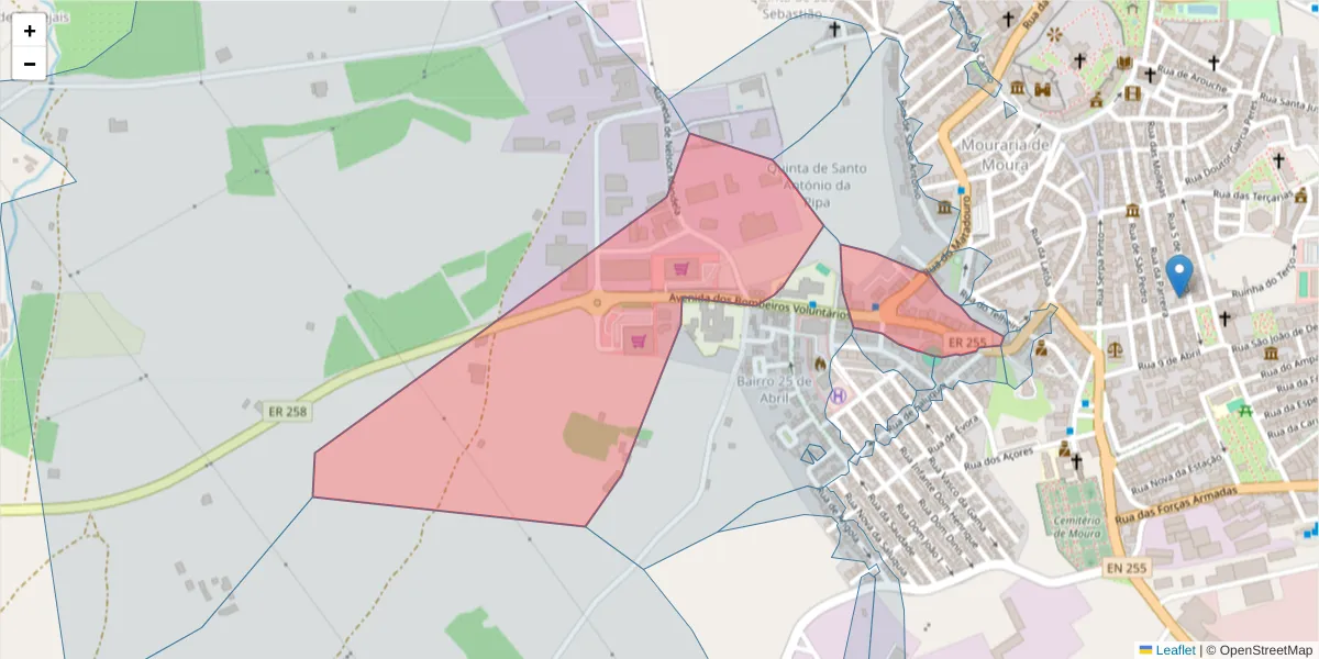 Mapa detalhado do código postal 7860-107 com limites, códigos postais vizinhos e agências dos correios