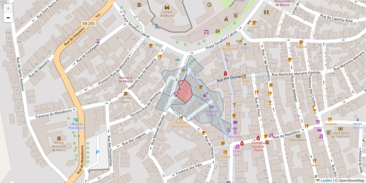 Mapa detalhado do código postal 7860-165 com limites, códigos postais vizinhos e agências dos correios