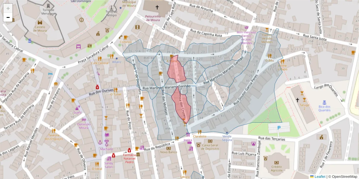 Mapa detalhado do código postal 7860-188 com limites, códigos postais vizinhos e agências dos correios