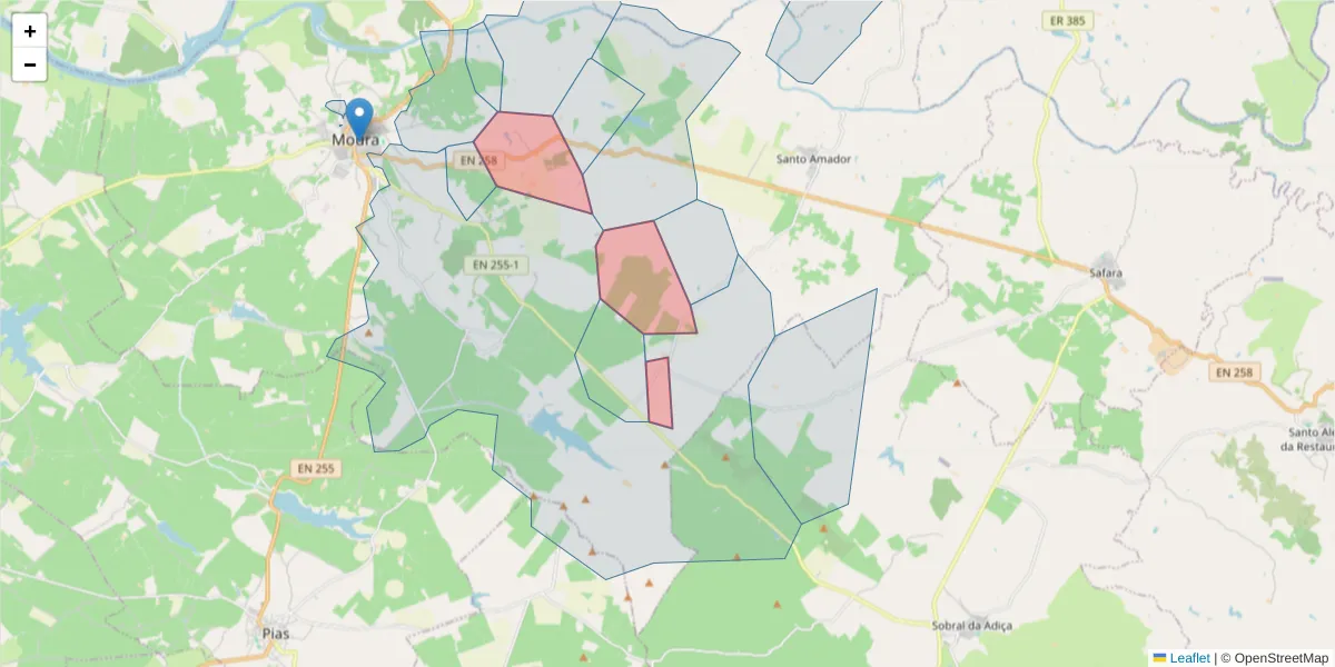 Mapa detalhado do código postal 7860-301 com limites, códigos postais vizinhos e agências dos correios