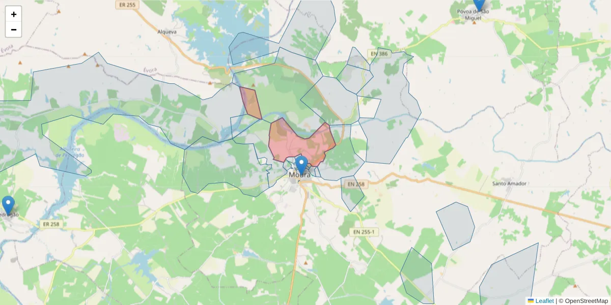 Mapa detalhado do código postal 7860-307 com limites, códigos postais vizinhos e agências dos correios