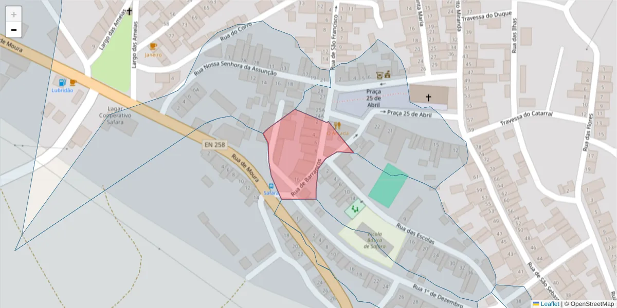 Mapa detalhado do código postal 7875-062 com limites, códigos postais vizinhos e agências dos correios