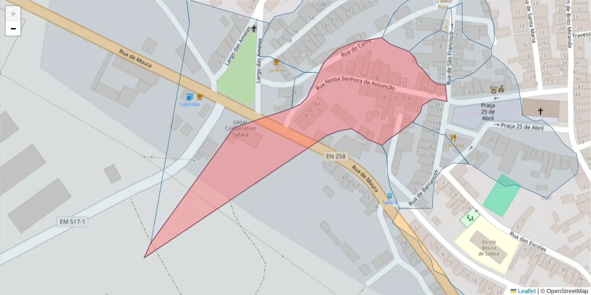 Mapa detalhado do código postal 7875-065 com limites, códigos postais vizinhos e agências dos correios