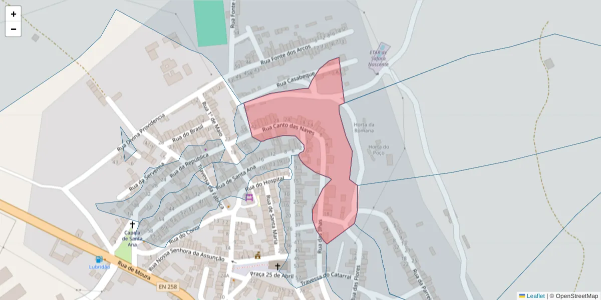 Mapa detalhado do código postal 7875-072 com limites, códigos postais vizinhos e agências dos correios