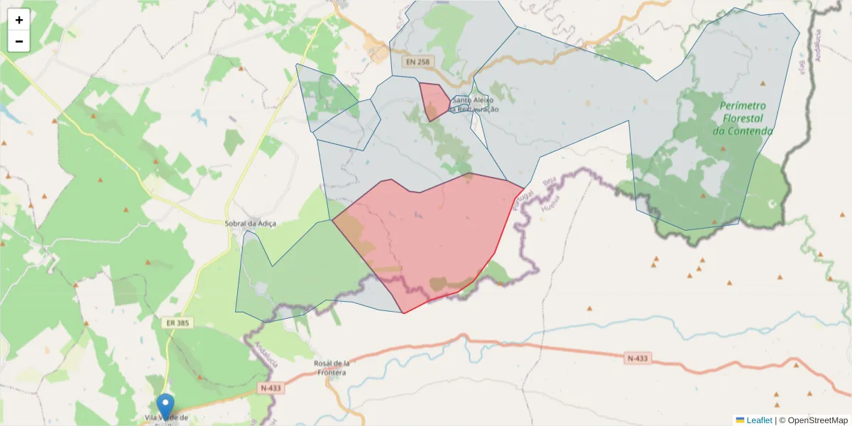 Mapa detalhado do código postal 7875-101 com limites, códigos postais vizinhos e agências dos correios
